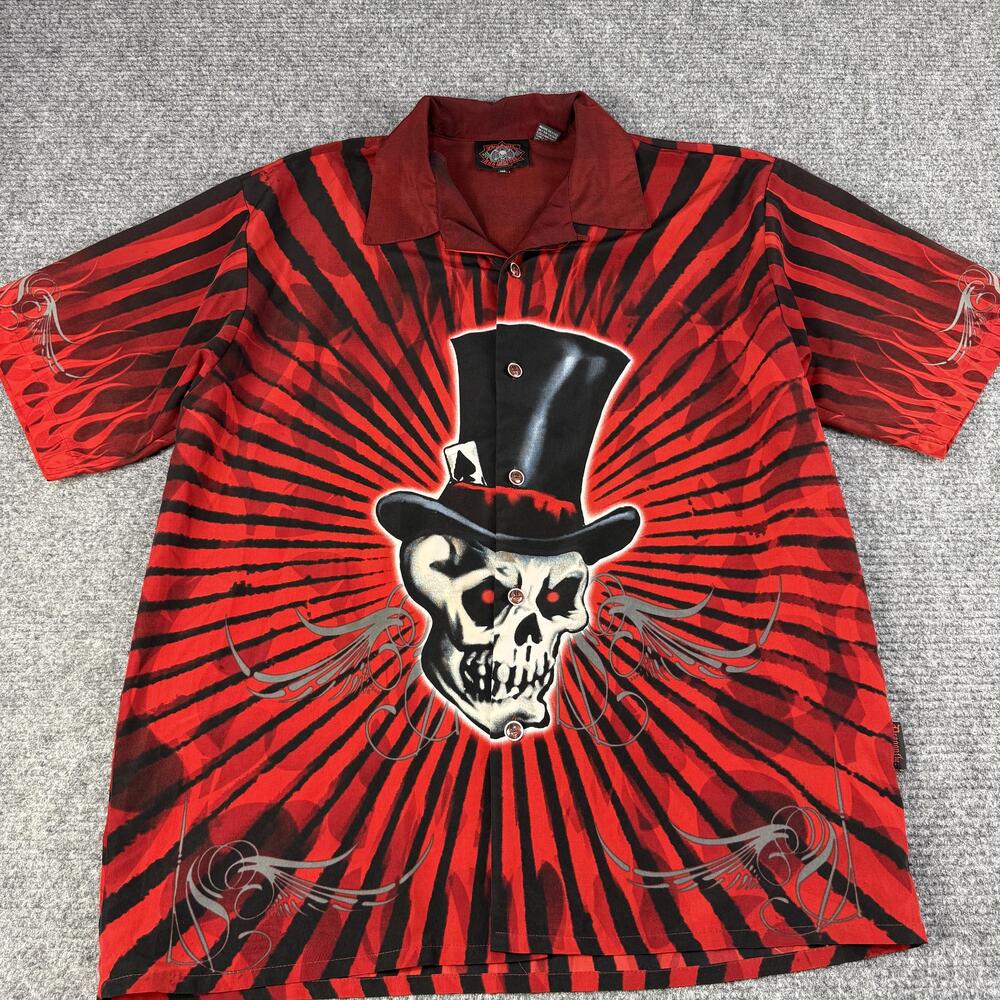 Dragonfly Roadhouse Shirt Mens XL Red Black Skull Top Hat Gothic Rockabilly